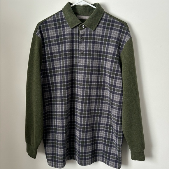 Daniel Cremieux Green & Grey Flannel Long Sleeved Polo w/ Plaid Front - Picture 1 of 10